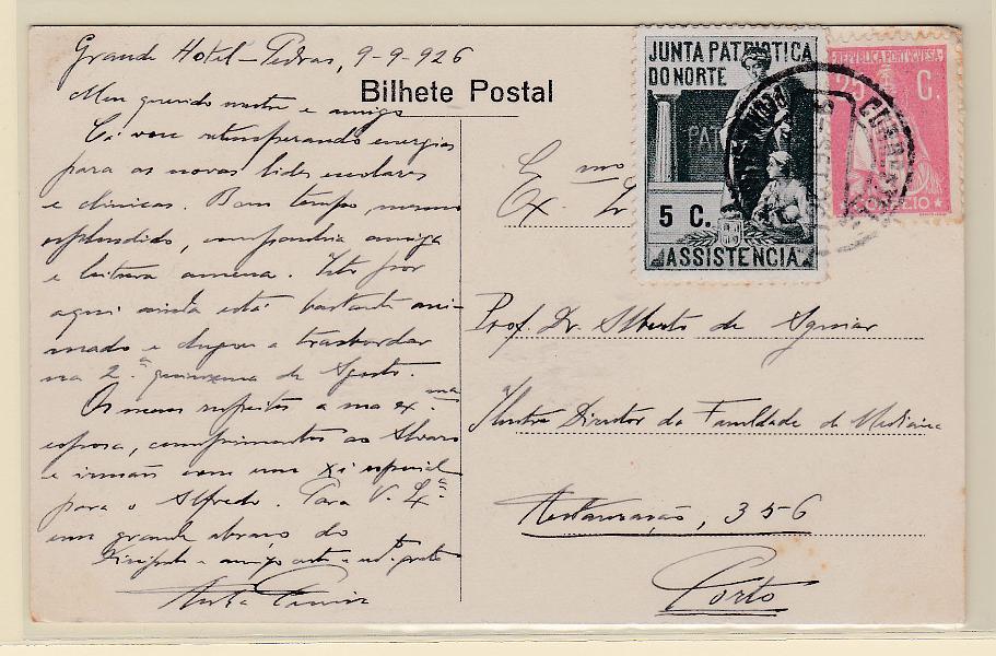 0890.jpg -     Lote:    890            Portugal       Descrição:         1923 &mdash; Ceres. CE255, 25C, em postal ilustrado circulado de Pedras Salgadas (09.09.26) para o Porto, com vinheta de 5C da Junta Patriótica do Norte. MB e R.        PI       Valor Base:     &euro; 25,00     Valor Venda:     &euro; 30,00       