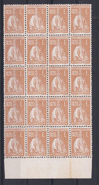 0895.jpg -     Lote:    895            Portugal       Descrição:         1924/26 &mdash; Ceres. CE289, 1$20. Bloco com 20 selos (5x4), fundo de folha. Valor de catálogo &euro; 3.600,00.        ***       Valor Base:     &euro; 350,00     Valor Venda:     Retirado     
