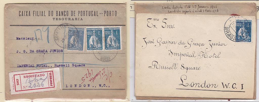 0896.jpg -     Lote:    896            Portugal       Descrição:         1924/26 &mdash; Ceres. Lote com dois sobrescritos, um com selos isolado de 1$50 CE291, azul escuro e impressão muito sarapintada e outro registado do Porto (29.01.26) com par de 1$50 CE291 e selo de 16C CE279.        Carta       Valor Base:     &euro; 20,00     Valor Venda:     Retirado     