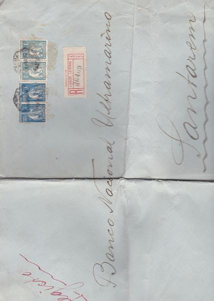 0897.jpg -     Lote:    897            Portugal       Descrição:         1924/26 &mdash; Ceres. Sobrescrito de grandes dimensões circulado registado de Lisboa (18.03.26) para Santarém, com par de selos de 1$60 CE291 e par de 2$00 CE292. Todos perfurados com B.N.U.        Carta       Valor Base:     &euro; 25,00     Valor Venda:     &euro; 25,00       