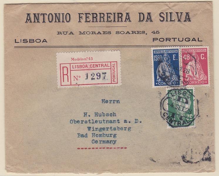 0900.jpg -     Lote:    900            Portugal       Descrição:         1926 &mdash; Ceres. Emissão Londres. Sobrescrito circulado registado de Lisboa (04.07.28) para a Alemanha (07.09.28) com selos de 32C, 48C e 1$60 = 2$40 (primeiro porte + registo). CE 405, 407 e 414. B e R.        Carta       Valor Base:     &euro; 25,00     Valor Venda:     Retirado     