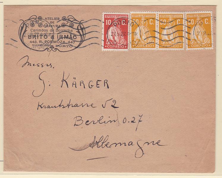 0901.jpg -     Lote:    901            Portugal       Descrição:         1926 &mdash; Ceres. Emissão Londres. Sobrescrito circulado de Lisboa (27.05.27) para a Alemanha, com selos de 10C e 3x50C CE401 e 408.        Carta       Valor Base:     &euro; 15,00     Valor Venda:     Retirado     