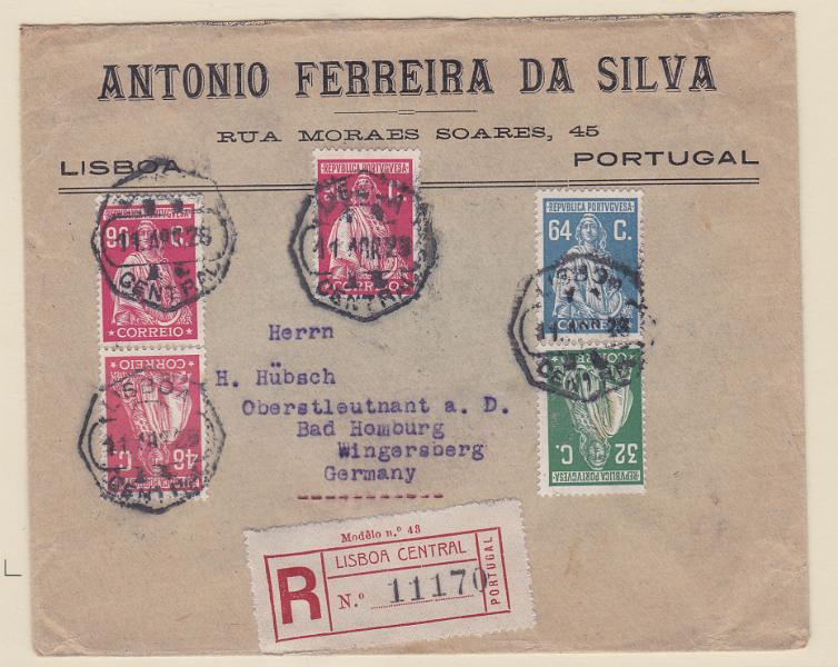 0903.jpg -     Lote:    903            Portugal       Descrição:         1926 &mdash; Ceres. Emissão Londres. Sobrescrito circulado registado de Lisboa (11.04.28) para a Alemanha (14.04.28) com selos de 32C, 48C, 64C e 2x96C = 3$36 (segundo porte + registo). CE 405, 407, 409 e 411). B e R.        Carta       Valor Base:     &euro; 25,00     Valor Venda:     Retirado     