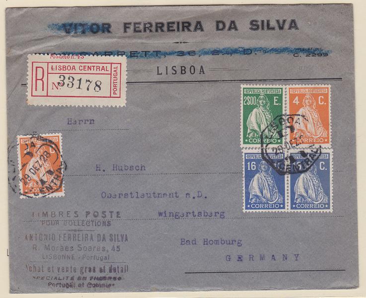 0906.jpg -     Lote:    906            Portugal       Descrição:         1926 &mdash; Ceres. Emissão Londres. Sobrescrito circulado registado de Lisboa (29.12.28) para a Alemanha (02.01.29) com selos de 2x4C, 2x16C e 2$00 = 2$40 (primeiro porte + registo). CE 398, 403 e 415. B e R.        Carta       Valor Base:     &euro; 25,00     Valor Venda:     Retirado     