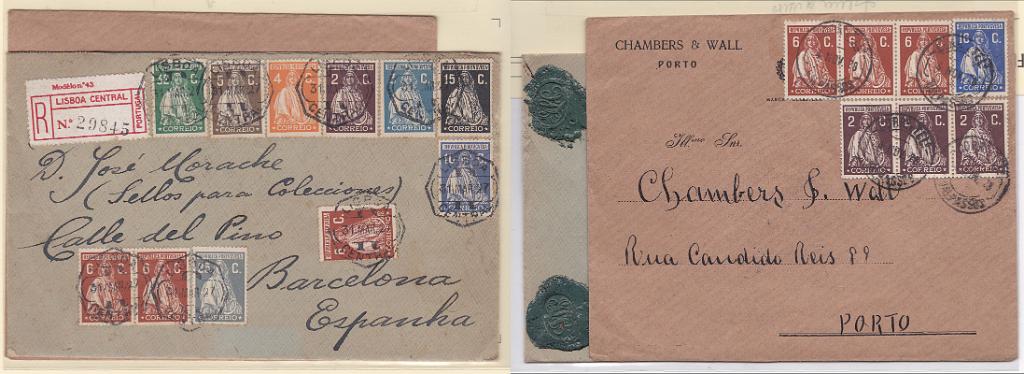 0907.jpg -     Lote:    907            Portugal       Descrição:         1926 &mdash; Ceres. Emissão Londres. Lote com dois sobrescritos: Um registado de Lisboa (31.03.27) para o Espanha com selos de 2C, 3C, 4C, 5C, 6Cx3, 15C, 16C, 25C e 32C CE396/400, 402/405 + um de Valpaços (04.11.28) para o Porto com tira de 3 selos de 2C e 6C + selo isolado de 16C CE396, 400 e 403.        Carta       Valor Base:     &euro; 20,00     Valor Venda:     &euro; 32,00       