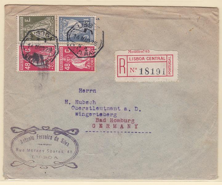0908.jpg -     Lote:    908            Portugal       Descrição:         1926 &mdash; Ceres. Emissão Londres. Sobrescrito circulado registado de Lisboa (14.03.28) para a Alemanha com selos de 16C, 2x48C e 3$20, CE403, 407 e 416.        Carta       Valor Base:     &euro; 50,00     Valor Venda:     Retirado     