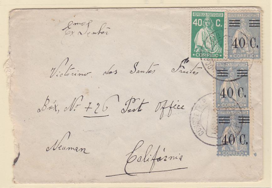0910.jpg -     Lote:    910            Portugal       Descrição:         1928/29 &mdash; Ceres, com sobretaxa + Ceres * Emissão Londres. Sobrescrito circulado de S. Paio (14.05.29) para os EUA, com selo de 40C CE406 + 3 selos de 40C s/ 3C, CE469. Primeiro selo com variedade de barramento X.        Carta       Valor Base:     &euro; 30,00     Valor Venda:     &euro; 42,00       