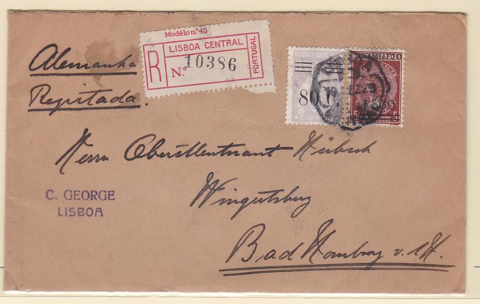 0911.jpg -     Lote:    911            Portugal       Descrição:         1928/29 &mdash; Ceres, com sobretaxa + Imposto Telegráfico, com sobretaxa. Sobrescrito circulado registado de Lisboa (10.12.29) para a Alemanha  (13.12.29) com selo de 80C s/ 1$50 CE483 e 1$60 s/ 5c CE494 (papel cartolina). MB.        Carta       Valor Base:     &euro; 20,00     Valor Venda:     &euro; 28,00       