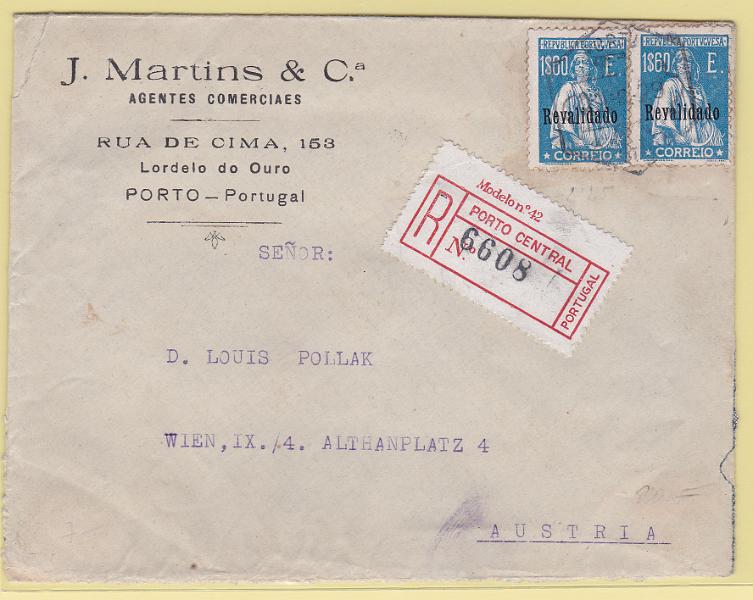 0914.jpg -     Lote:    914            Portugal       Descrição:         1929 &mdash; Ceres, com sobrecarga "REVALIDADO". CE493, 1$60. Par em sobrescrito circulado registado do Porto para a Áustria.        Carta       Valor Base:     &euro; 35,00     Valor Venda:     Retirado     