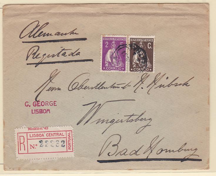 0916.jpg -     Lote:    916            Portugal       Descrição:         1930 &mdash; Ceres. Gravura retocada. Sobrescrito circulado registado de Lisboa (para a Alemanha (20.01.31), com selos de 5C e 2E CE496 e 511.        Carta       Valor Base:     &euro; 20,00     Valor Venda:     Retirado     