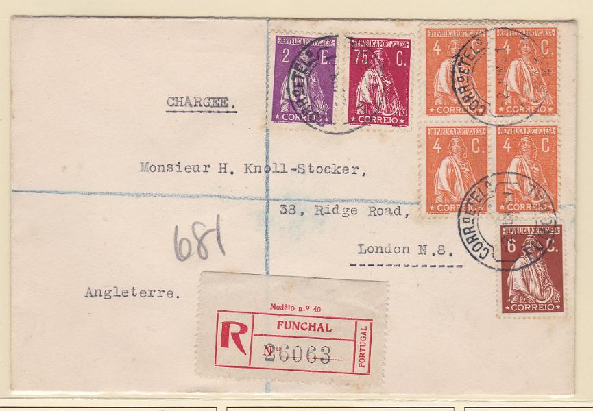 0917.jpg -     Lote:    917            Portugal       Descrição:         1926 &mdash; Ceres. Emissão Londres + Ceres. Gravura retocada. Sobrescrito circulado registado do Funchal (02.06.31) para Londres, com selos de 6C CE400, quadra de 4C CE495, 75C CE506 e 2$00 CE511. MB.        Carta       Valor Base:     &euro; 60,00     Valor Venda:     &euro; 70,00       