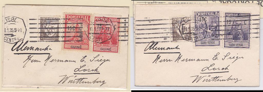 0918.jpg -     Lote:    918            Portugal       Descrição:         1935 &mdash; Lusíadas + Imposto Postal * Monumento ao Marquês de Pombal * selos das colónias, usados como selos postais de recurso no Continente. Lote de duas cartas circuladas de Lisboa (18.01.35) para Alemanha: uma com selo de 5C CE514 e selos de 15C (Monumento e Busto) da Guiné e outra com selo de 5C CE514 + selos de 15C Angola (Plano e Busto). Ambos com porte de impresso.        Carta       Valor Base:     &euro; 25,00     Valor Venda:     &euro; 25,00       