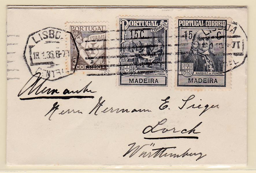 0919.jpg -     Lote:    919            Portugal       Descrição:         1935 &mdash; Lusíadas + Imposto Postal * Monumento ao Marquês de Pombal * selos das colónias e ilhas adjacentes, usados como selos postais de recurso no Continente. Lote de duas cartas circuladas de Lisboa (18.01.35) para Alemanha: uma com selo de 5C CE514 e selos de 15C (Plano e Busto) da Madeira e outra com selo de 5C CE514 + selos de 15C do Monumento de Cabo Verde e Madeira. Ambos com porte de impresso.        Carta       Valor Base:     &euro; 25,00     Valor Venda:     Retirado     