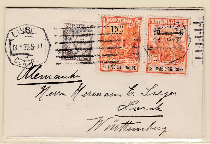 0921.jpg -     Lote:    921            Portugal       Descrição:         1935 &mdash; Lusíadas + Imposto Postal * Monumento ao Marquês de Pombal * selos das colónias, usados como selos postais de recurso no Continente. Lote de duas cartas circuladas de Lisboa (18.01.35) para Alemanha: uma com selo de 5C CE514 e selos de 15C (Plano e Busto) de S. Tomé e outra com selo de 5C CE514 + selos de 15C Angola (Plano e Busto). Ambos com porte de impresso.        Carta       Valor Base:     &euro; 25,00     Valor Venda:     Retirado     