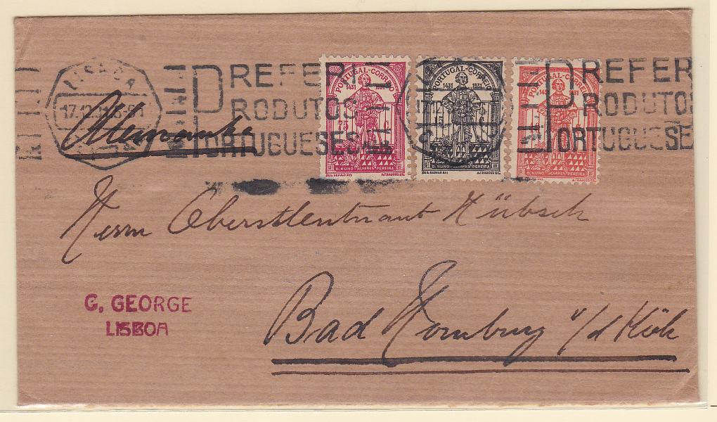 0922.jpg -     Lote:    922            Portugal       Descrição:         1931 &mdash; 5.º Centenário da Morte de D. Nuno Alvares Pereira. Sobrescrito circulado de Lisboa (17.12.31) para a Alemanha, com selos de 15C, 40C e 75C CE537, 539 e 540.         Carta       Valor Base:     &euro; 25,00     Valor Venda:     Retirado     