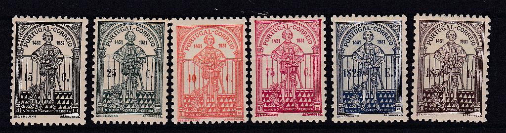 0923.jpg -     Lote:    923            Portugal       Descrição:         1931 &mdash; 5.º Centenário da Morte de D. Nuno Alvares Pereira. CE 537/542. Série completa. Selos 40c e 75c com leve sinal de charneira. Valor de catálogo &euro; 599,00.        ***/**       Valor Base:     &euro; 60,00     Valor Venda:     &euro; 130,00       