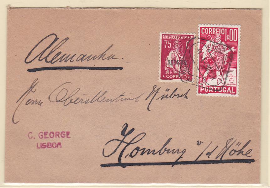 0924.jpg -     Lote:    924            Portugal       Descrição:         1938 &mdash; Ceres, com sobrecarga AÇORES * Selo de recurso + Gil Vicente. Sobrescrito circulado de Lisboa (11.01.38) para a Alemanha, com selo de 75C (selo dos Açores usado como recurso no Continente), CE307 e 1$00 CE578.        Carta       Valor Base:     &euro; 15,00     Valor Venda:     &euro; 24,00       