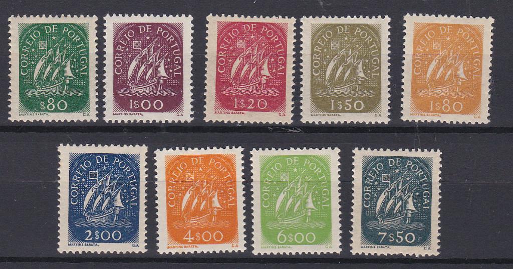 0930.jpg -     Lote:    930            Portugal       Descrição:         1948/49 &mdash; Caravela. CE 696/704. Série completa. Valor de catálogo &euro; 780,00.        ***       Valor Base:     &euro; 80,00     Valor Venda:     &euro; 90,00       