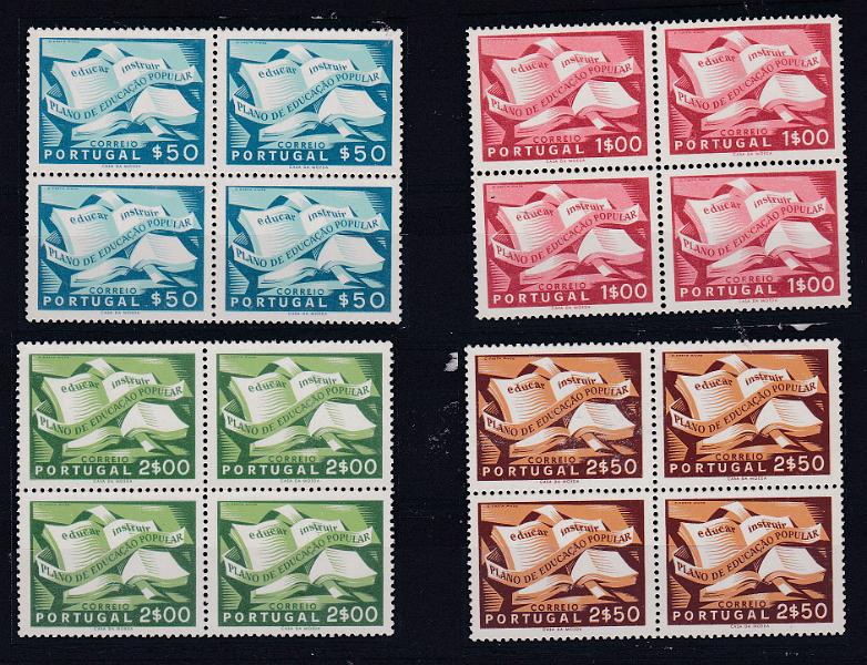 0931.jpg -     Lote:    931            Portugal       Descrição:         1954 &mdash; Campanha de Educação Popular. CE 796/799. Série completa em quadras. Valor de catálogo &euro; 520,00.        ***       Valor Base:     &euro; 45,00     Valor Venda:     Retirado     