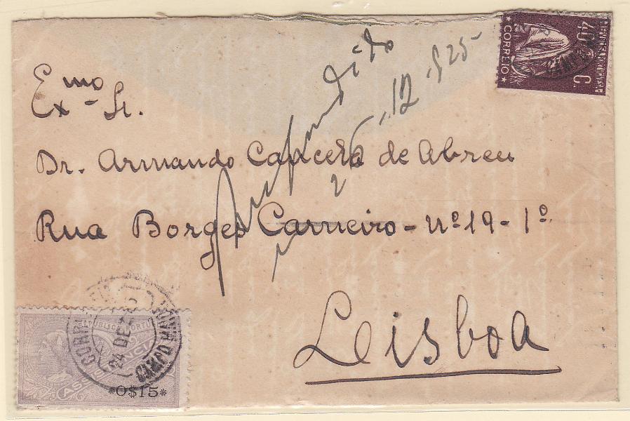 0959.jpg -     Lote:    959            Portugal       Descrição:         1925 - Imposto Postal. Para os Pobres * Selos de recurso. Sobrescrito circulado de Campo Maior (24.12.25) para Lisboa com selo de 40C tipo Ceres CE283 e com estampilha fiscal da ASSISTÊNCIA" como selo de recurso por falta de selos adequados. MR e B        Carta       Valor Base:     &euro; 25,00     Valor Venda:     Retirado     
