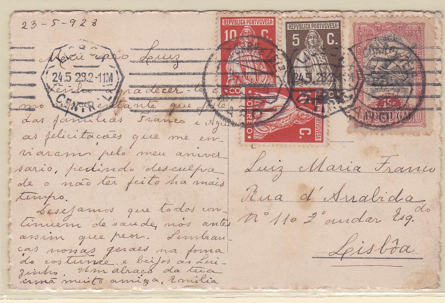 0961.jpg -     Lote:    961            Portugal       Descrição:         1928 &mdash; Imposto Postal * Jogos Olímpicos + Ceres. Emissão Londres. Postal ilustrado circulado de Faro (24.05.28) para Lisboa (24.05.28), com selos de 5C e 2x10C CE399/401 e selo do imposto postal de 15C CE IP21. B e R.        PI       Valor Base:     &euro; 100,00     Valor Venda:     &euro; 100,00       