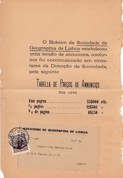 0966.jpg -     Lote:    966            Portugal       Descrição:         1903 &mdash; Porte Franco. Sociedade de Geografia de Lisboa. CE SGL1, vermelho e azul s/ rosa. Verso de Boletim circulado em Lisboa (21.08.04). B.        JRN       Valor Base:     &euro; 15,00     Valor Venda:     Retirado     