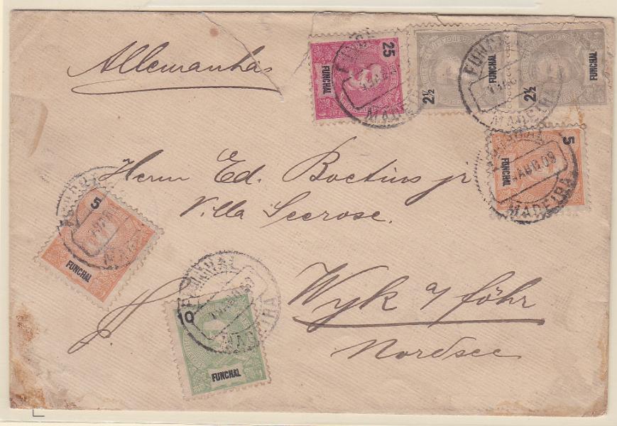 1006.jpg -     Lote:    1006            Funchal       Descrição:         1897/98 &mdash; D. Carlos I, Mouchon. Sobrescrito circulado do Funchal (19.04.09) para a Alemanha com selos de 2 &frac12; reis (2), 5 reis (2), 10 reis e 25 reis, CE 13/15 e CE28.        Carta       Valor Base:     &euro; 15,00     Valor Venda:     &euro; 15,00       