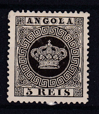 1007.jpg -     Lote:    1007            Angola       Descrição:         1870/77 &mdash; Tipo Coroa. CE1, 5 reis preto, denteado 12 &frac12;, em PAPEL ESPESSO. Valor de catálogo &euro; 140,00.        **       Valor Base:     &euro; 40,00     Valor Venda:     &euro; 40,00       