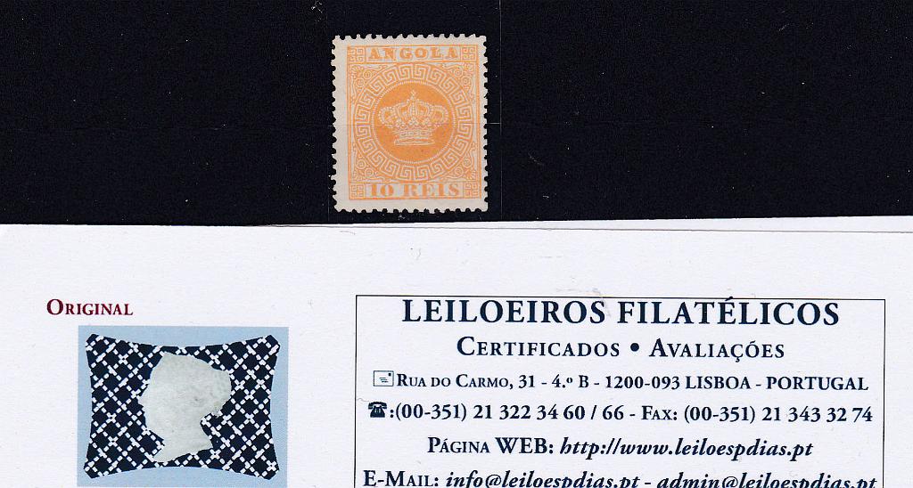 1008.jpg -     Lote:    1008            Angola       Descrição:         1870/77 &mdash; Tipo Coroa. CE2, 10 reis amarelo laranja, denteado 12 &frac12;, papel espesso. Valor de catálogo &euro; 230,00. Certificado de Peritagem de Leilões P. Dias Lda.        *       Valor Base:     &euro; 50,00     Valor Venda:     &euro; 240,00       