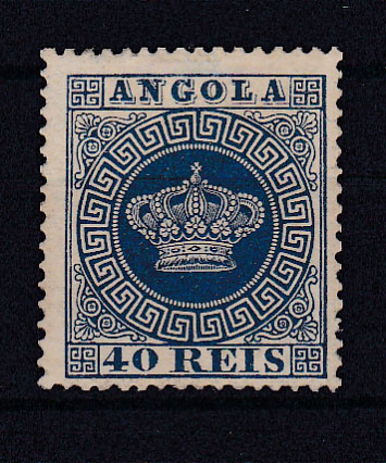 1012.jpg -     Lote:    1012            Angola       Descrição:         1870/77 &mdash; Tipo Coroa. CE5, 40 reis azul escuro, papel médio, denteado 13 &frac12;. Valor de catálogo &euro; 412,00.        (*)       Valor Base:     &euro; 80,00     Valor Venda:     Retirado     