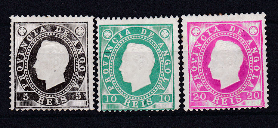 1020.jpg -     Lote:    1020            Angola       Descrição:         1886 &mdash; D. Luís I. CE 15/17. Série completa em denteado 13 &frac12;. Selo de 10 reis com goma não original. Valor de catálogo &euro; 124,00.        **       Valor Base:     &euro; 25,00     Valor Venda:     Retirado     