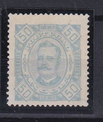 1022.jpg -     Lote:    1022            Angola       Descrição:         1893/94 &mdash; D. Carlos I, tipo Diogo Neto. CE30, 50 reis azul claro, papel pontinhado, denteado 13 &frac12;. Valor de catálogo &euro; 120,00.        *       Valor Base:     &euro; 30,00     Valor Venda:     &euro; 65,00       