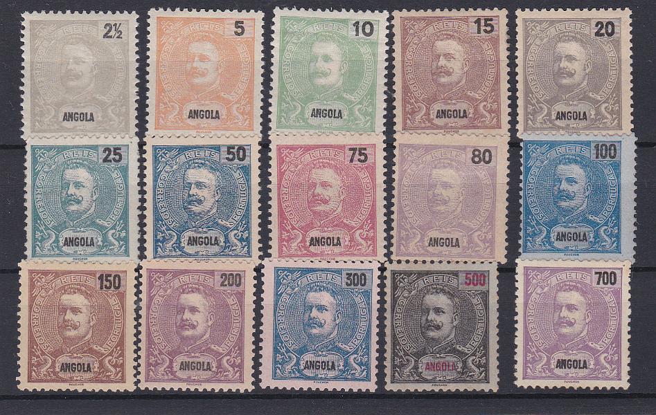 1030.jpg -     Lote:    1030            Angola       Descrição:         1898/1901 &mdash; D. Carlos I Mouchon. CE 38/52. Série completa. Maioria dos selos com goma não original. Valor de catálogo &euro; 160,00.        (*)       Valor Base:     &euro; 25,00     Valor Venda:     Retirado     