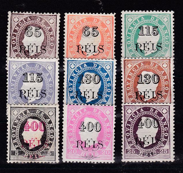 1031.jpg -     Lote:    1031            Angola       Descrição:         1902 &mdash; D. Luís I. Fita direita, com sobretaxa. CE 53/61. Série completa. Valor de catálogo &euro; 345,00.        **       Valor Base:     &euro; 80,00     Valor Venda:     Retirado     
