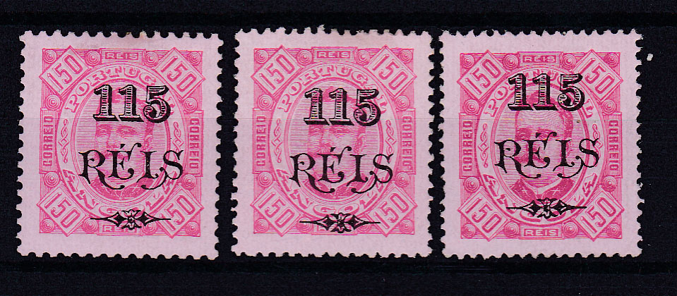 1034.jpg -     Lote:    1034            Angola       Descrição:         1902 &mdash; D. Carlos I, tipo Diogo Neto. CE68, 115 s/ 150 reis. Lote de 3 selos em papel porcelana e denteados 11 &frac12;, 12 &frac12; e 13 &frac12;. Valor de catálogo &euro; 108,00.        *       Valor Base:     &euro; 22,00     Valor Venda:     &euro; 65,00       
