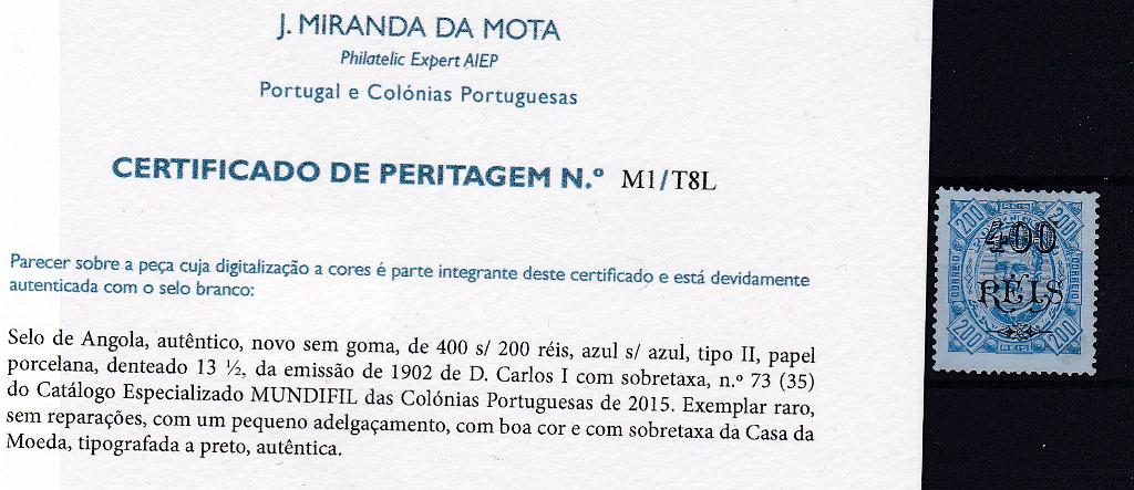 1037.jpg -     Lote:    1037            Angola       Descrição:         1902 &mdash; D. Carlos I, tipo Diogo Neto. CE73, 400 s/ 200 reis, papel porcelana, denteado 13 &frac12;. Valor de catálogo &euro; 600,00. B e MR. Certificado de peritagem de J. Miranda da Mota.        *       Valor Base:     &euro; 200,00     Valor Venda:     &euro; 200,00       