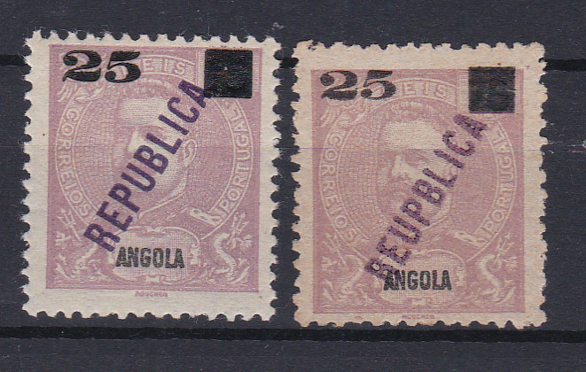 1045.jpg -     Lote:    1045            Angola       Descrição:         1912 &mdash; D. Carlos I, com sobrecarga REPUBLICA local e sobretaxa. CE117, 25 s/ 75 reis. Lote de dois selos: um com a sobrecarga REPUBLICA e outro com sobrecarga REUPBLICA. Valor de catálogo &euro; 190,00.        **/*       Valor Base:     &euro; 40,00     Valor Venda:     &euro; 40,00       