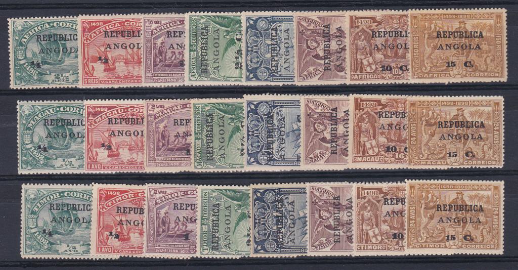 1046.jpg -     Lote:    1046            Angola       Descrição:         1913 &mdash; 4.º Centenário do Descobrimento do Caminho Marítimo para a Índia, com sobrecarga e sobretaxa, sobre selos de África, Macau e Timor. CE 118/141. As três séries completas. Valor de catálogo &euro; 93,00.        **       Valor Base:     &euro; 20,00     Valor Venda:     Retirado     