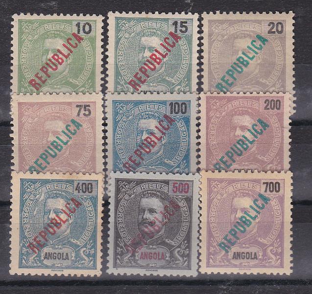 1048.jpg -     Lote:    1048            Angola       Descrição:         1914 &mdash; D. Carlos I Mouchon, com sobrecarga REPUBLICA local. CE 158/166. Série completa. Selo de 400 reis sem goma. Valor de catálogo &euro; 160,00.        **       Valor Base:     &euro; 32,00     Valor Venda:     &euro; 32,00       