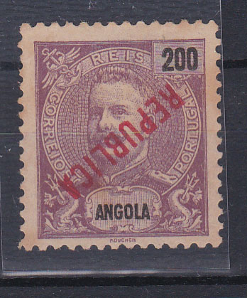 1050.jpg -     Lote:    1050            Angola       Descrição:         1914 &mdash; D. Carlos I Mouchon, com sobrecarga REPUBLICA local. CE163, 200 reis lilás. Selo com a sobrecarga INVERTIDA.        *       Valor Base:     &euro; 10,00     Valor Venda:     &euro; 18,00       
