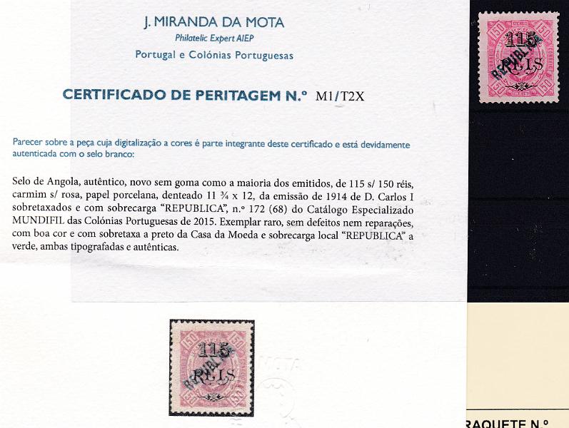 1056.jpg -     Lote:    1056            Angola       Descrição:         1914 &mdash; D. Carlos I Diogo Neto. Emissão de 1903 com sobrecarga local REPUBLICA. CE172, 115 s/ 150 reis, denteado 11 &frac12;. Valor de catálogo &euro; 310,00. Certificado de Peritagem de J. Miranda da Mota        *       Valor Base:     &euro; 100,00     Valor Venda:     &euro; 130,00       
