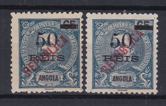 1060.jpg -     Lote:    1060            Angola       Descrição:         1914 &mdash; D. Carlos I Mouchon, com sobretaxa e sobrecarga REPUBLICA local. CE178, 50 s/ 65 reis. Selo com fenda tipo I. valor de catálogo &euro; 70,00.        *       Valor Base:     &euro; 15,00     Valor Venda:     &euro; 36,00       