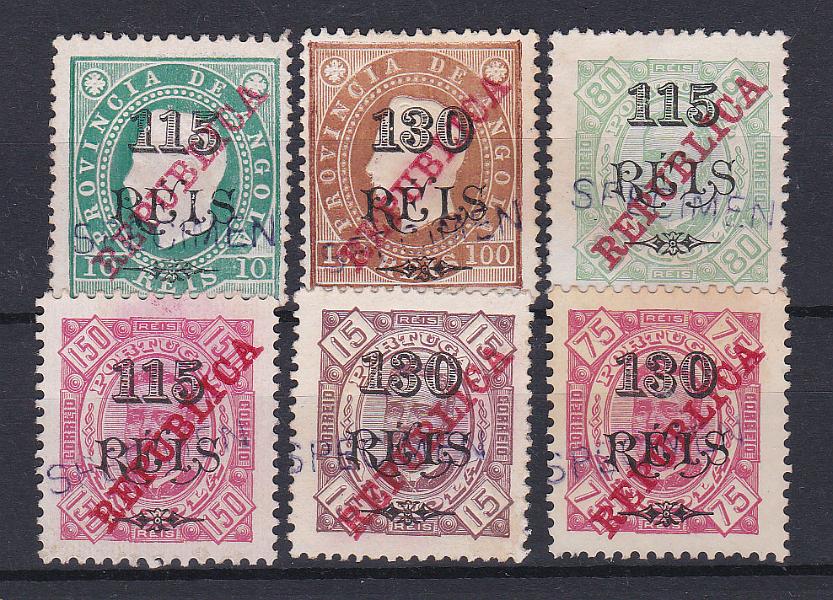 1061.jpg -     Lote:    1061            Angola       Descrição:         1915 &mdash; D. Luís I e D. Carlos I, com sobrecarga REPUBLICA da Casa da Moeda. Lote de 6 selos CE179, 181, 182, 184, 185 e 186. Todos com sobrecarga manual "SPECIMEN" batida a violeta. Raro.        *       Valor Base:     &euro; 60,00     Valor Venda:     &euro; 130,00       