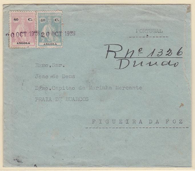 1065.jpg -     Lote:    1065            Angola       Descrição:         192&frac12;2 &mdash; Ceres. Sobrescrito circulado registado do Dundo (20.10.28) para a Figueira da Foz (26.11.28) com trânsito por Mona Quimbundo (CARIMO VOLANTE N.º 36), Luanda e Lisboa, com selos de 40c e 80c CE207 e 209. Selos obliterados com datador, marca obliteradora de recurso da estação postal do DUNDO a cargo da DIAMANG. B e R.        Carta       Valor Base:     &euro; 75,00     Valor Venda:     &euro; 75,00       