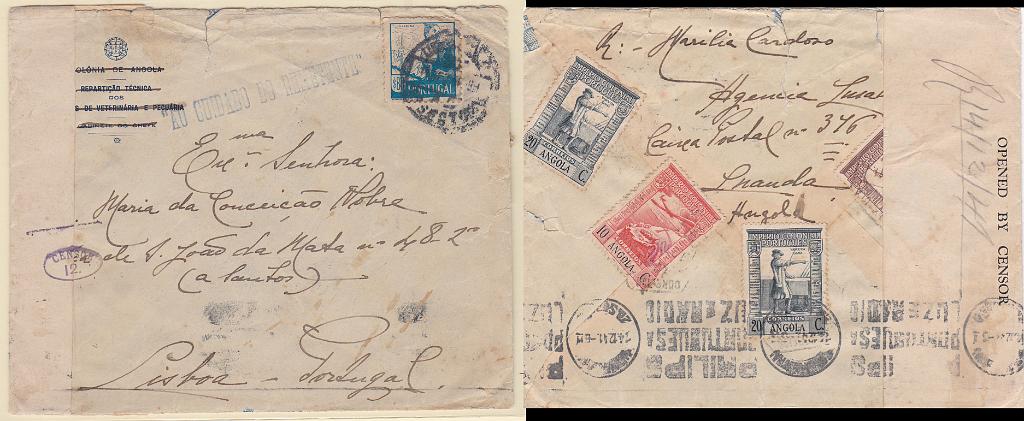 1071.jpg -     Lote:    1071            Angola       Descrição:         1938 &mdash; Império Colonial Português * Angola + Costumes Portugueses * 1.ª emissão. Sobrescrito circulado de Luanda (12.10.41) para Lisboa (14.12.41) com selos de 10c, 20cx2 e 40C CE260, 262 e 265: Remetida ao cuidado do remetente, por passageiro de um paquete, foi a carta apreendida a bordo pela censura inglesa, tendo sido censura na Serra Leoa, seguiu para Lisboa onde o selo de 80C CE613 foi obliterada. Fica a dúvida de o selo foi colado à partida. Marca batida a azul "AO CUIDADO DO REMETENTE" DE Luanda. B e R.        Carta       Valor Base:     &euro; 75,00     Valor Venda:     Retirado     