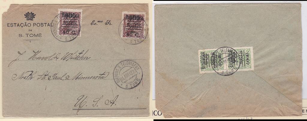 1072.jpg -     Lote:    1072            Angola       Descrição:         1925 &mdash; D. Carlos I, com sobrecarga REPUBLICA e nova sobretaxa. Sobrescrito circulado de S. Tomé (21.04.26) para os EUA, com dois selos de 40C s/ 400 reis s/ 2 &frac12; reis CE266 e par de selos de 40C s/ 400 reis s/ 80 reis CE267. B.        Carta       Valor Base:     &euro; 50,00     Valor Venda:     &euro; 50,00       