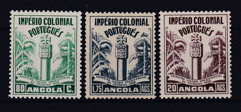 1073.jpg -     Lote:    1073            Angola       Descrição:         1938 &mdash; Primeira Viagem Presidencial às Colónias. CE 276/78. Série completa. Selo CE177 com goma não original. Valor de catálogo &euro; 182,00.        ***       Valor Base:     &euro; 30.002     Valor Venda:     &euro; 34,00       