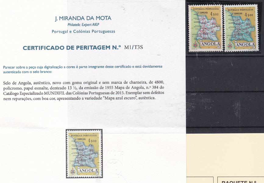 1080.jpg -     Lote:    1080            Angola       Descrição:         1955 &mdash; Mapa de Angola. CE384, 4$00 azul escuro. Acompanha selo normal para comparação. Valor de catálogo &euro; 210,00. Certificado de Peritagem de J. Miranda da Mota.        ***       Valor Base:     &euro; 50,00     Valor Venda:     &euro; 110,00       