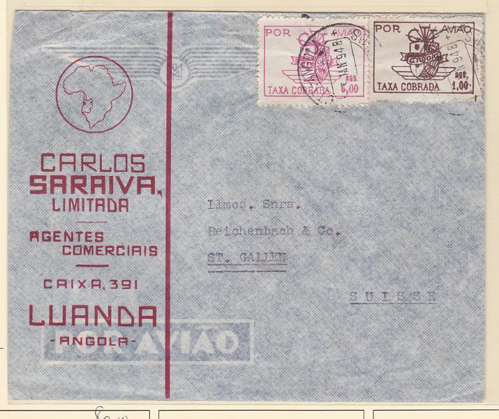 1083.jpg -     Lote:    1083            Angola       Descrição:         1947 &mdash; Correio Aéreo * Emblema dos CTT. Sobrescrito circulado de Luanda (13.01.48) para a Suiça, com selos de 1,00 Ag e 6,00 Ags CE CA11 e 15.        Carta       Valor Base:     &euro; 80,00     Valor Venda:     Retirado     