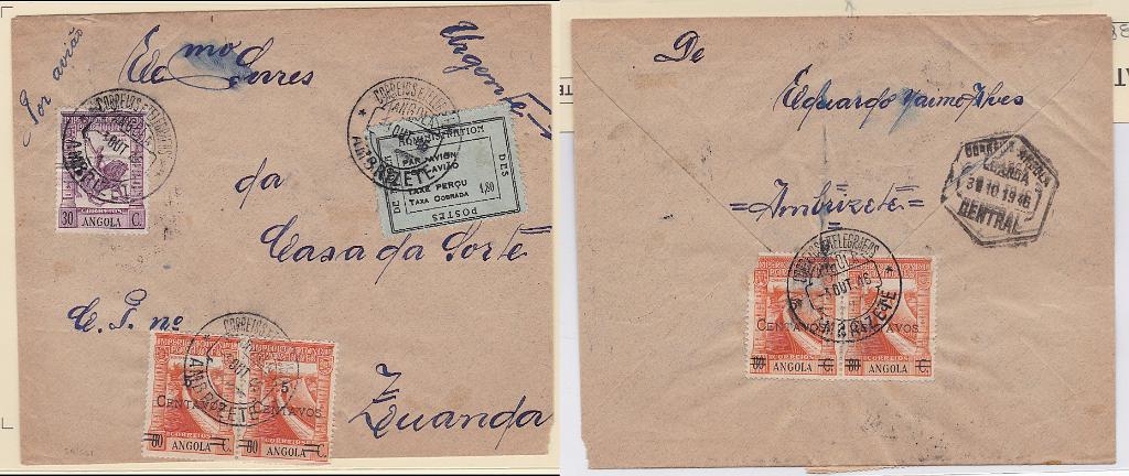 1087.jpg -     Lote:    1087            Angola       Descrição:         1945 &mdash;Sobretaxa do correio aéreo. Legenda TAXE PERCUE / TAXA COBRADA. Sobrescrito circulado de Ambrizete (03.10.46) para Luanda com selos de 30C CE263, dois pares de 5C s/ 80C CE286 e 1,80Ag CE SCA3.        Carta       Valor Base:     &euro; 28,00     Valor Venda:     &euro; 28,00       
